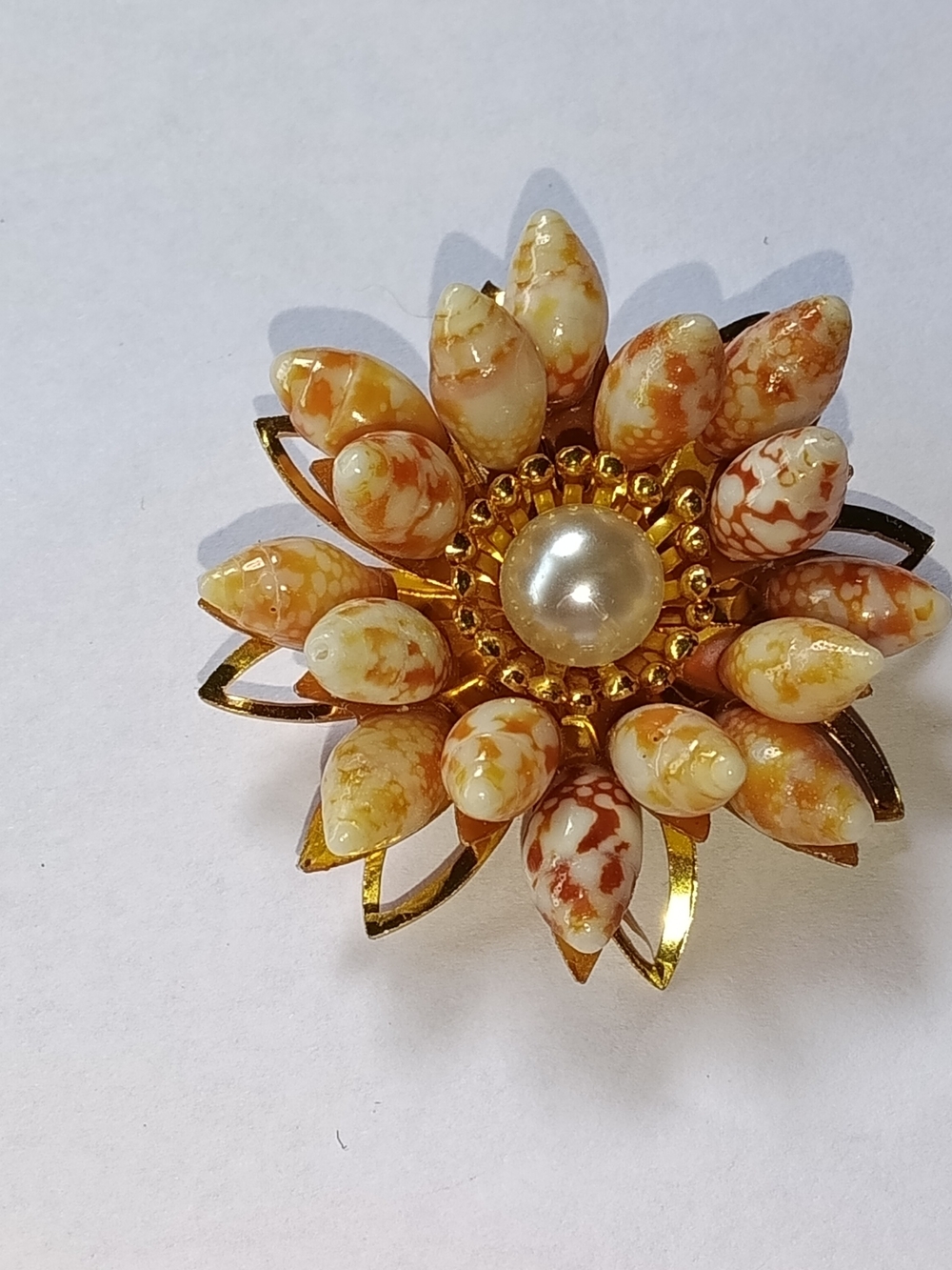 Mid-Century Seashell Cluster Brooch, Faux Pearl Accent Flower Pin